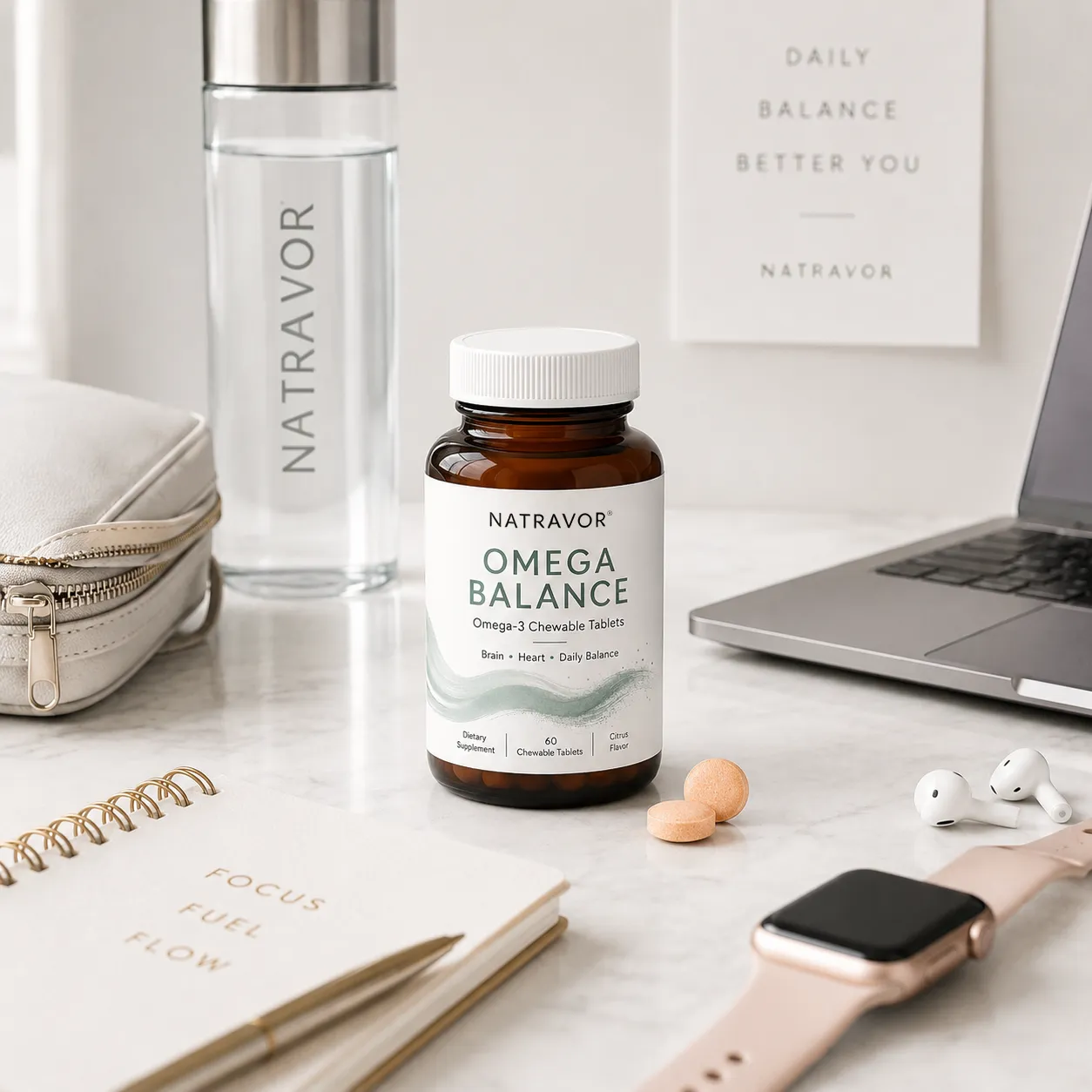 A bottle of L-Carnitine supplement on a desk next to a person working on a laptop.